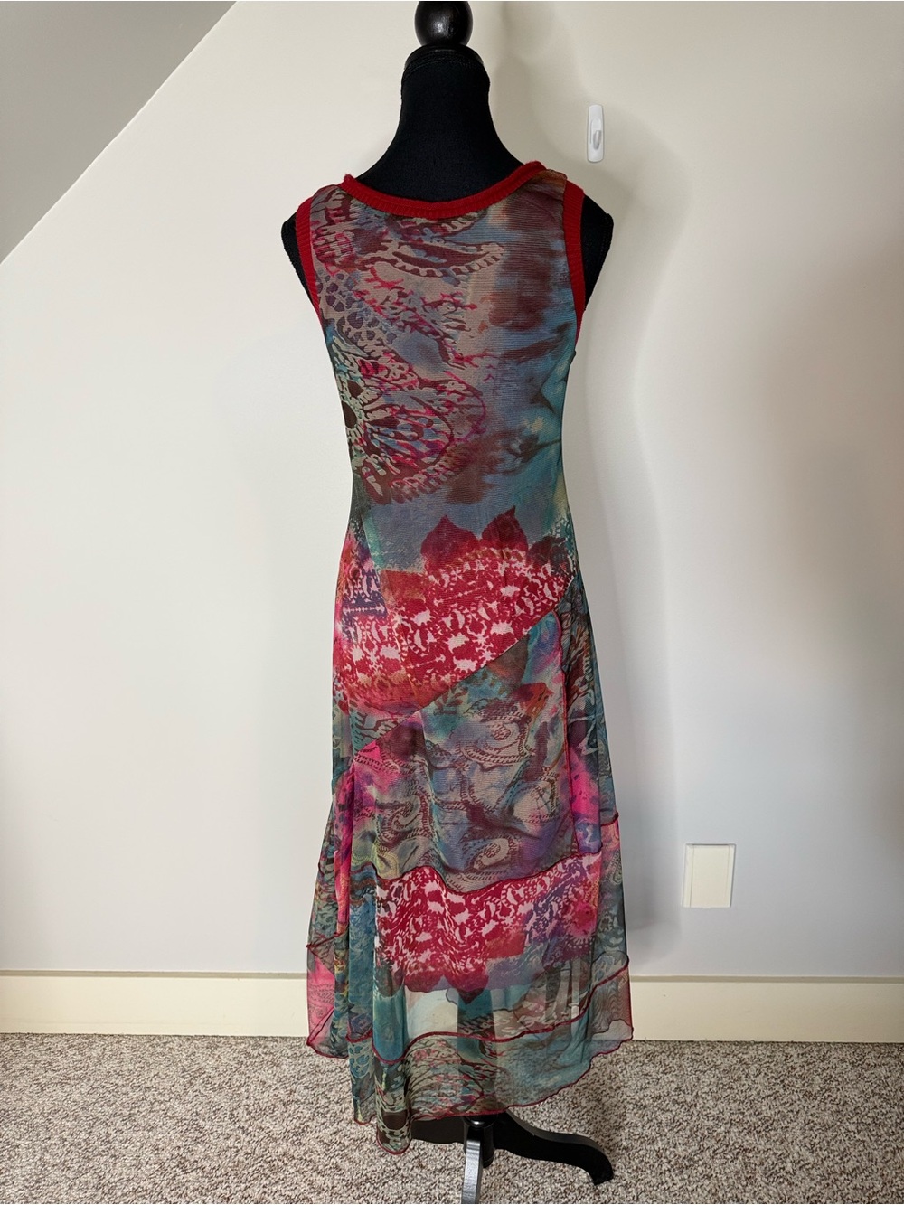 Sleeveless Double Layer Tight Mesh Midi Dress Knit Straps Paisley Flowy Medium - Picture 10 of 10